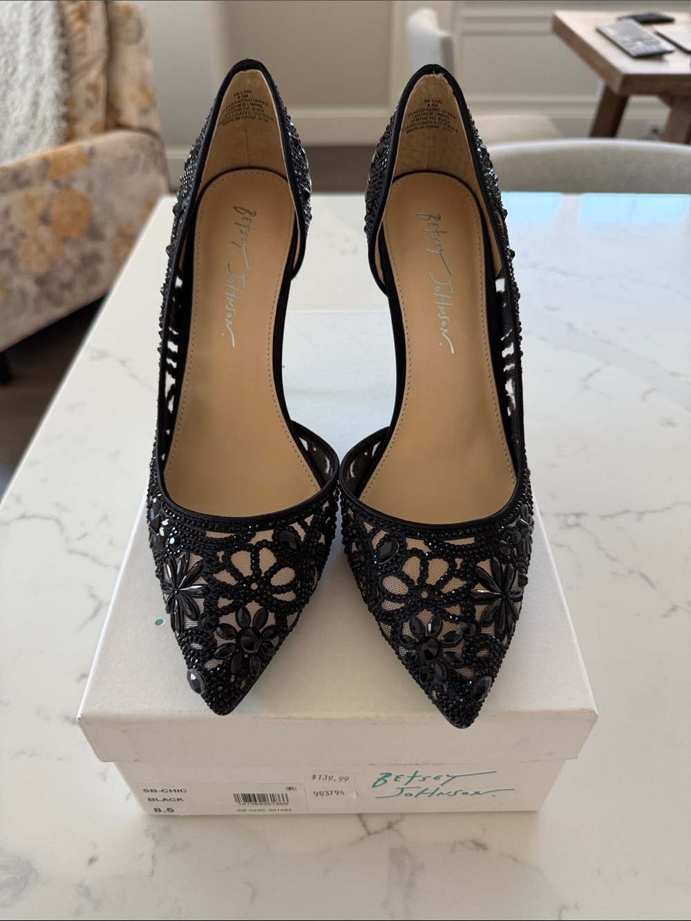 Betsey Johnson Black Floral Cutout Beaded Pointed Toe Heels